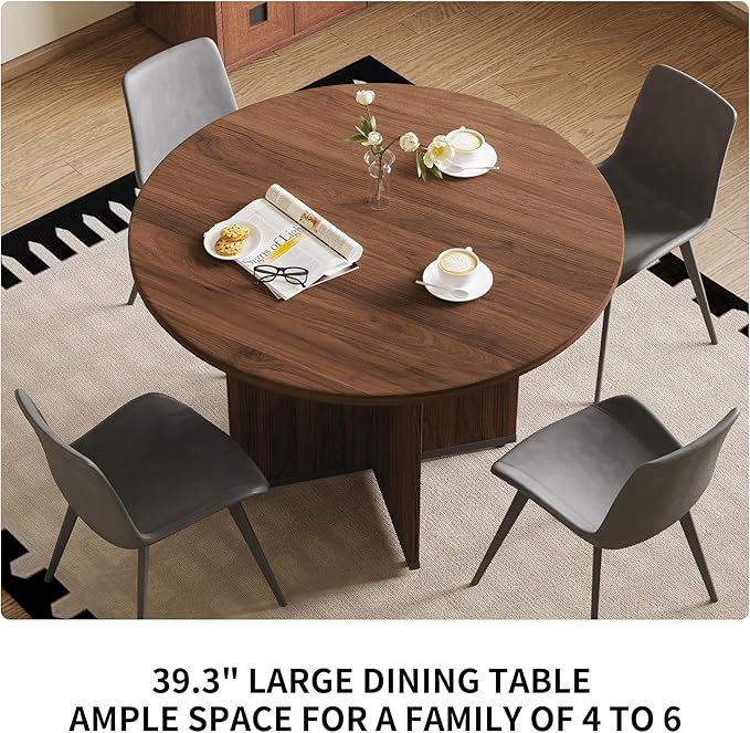 HIPIHOM Modern Round Dining Table Set for 4, 39.4" Walnut Kitchen Table with 4 PU Leather Chairs, 5-Piece Mid-Century Dining Room Set for Small Spaces, Pedestal Base