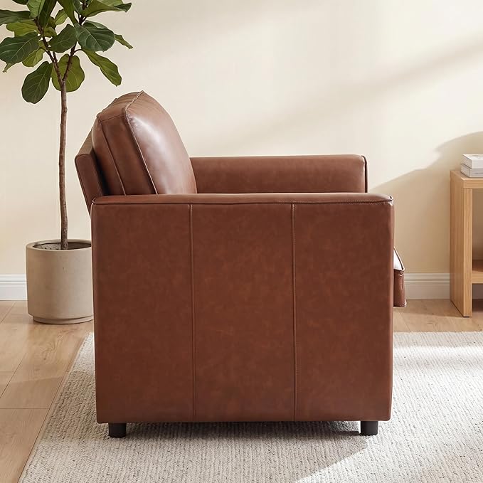 Oversized Armchair, 39" Accent Chair for Living Room, Mid-Century Modern Armchair with Deep Seat Cushion & Solid Wooden Legs, Comfy Faux Leather Side Chair for Reading, Small Space, Brown