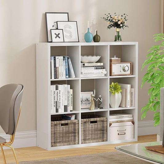 9-Cube Storage Organizer, Wooden Cube Shelf Bookcase with Reinforced Thick Shelves, Heavy-Duty 36.93" L x 9.37" W x 36.93" H, for Living Room Bedroom Home Office, White