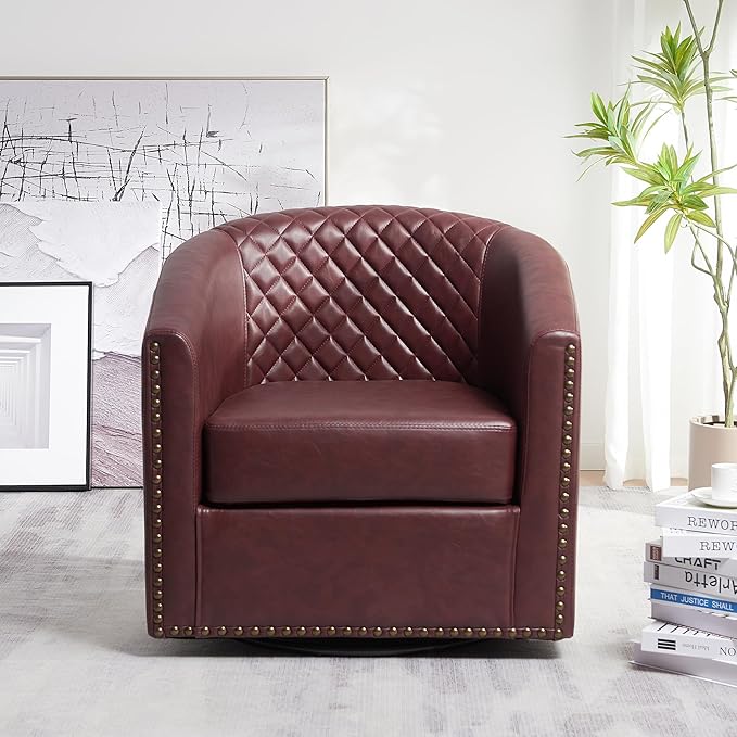 KINWELL 29" Wide Tufted Faux Leather Swivel Barrel Chair, PU Leather Modern Upholstered Accent Chairs with Nailhead Trim, Small Armchair for Living Room Bedroom, Red