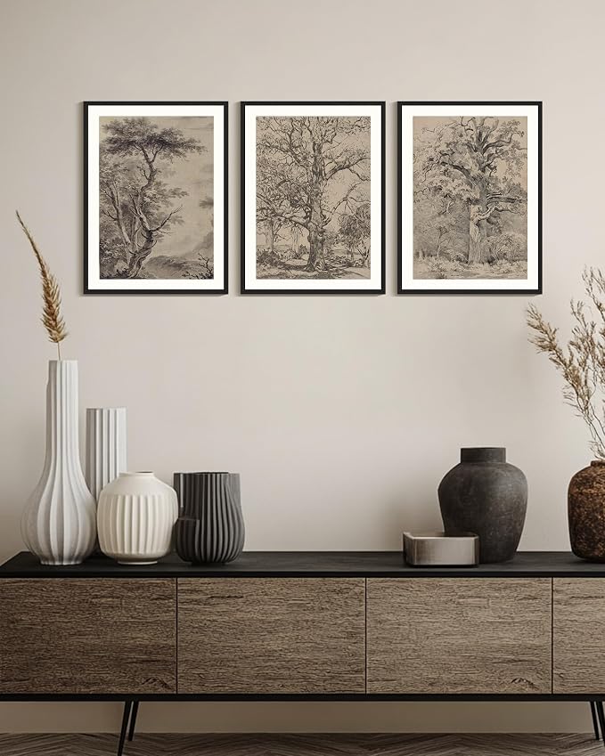KUVIOKE Vintage Tree Framed Wall Art Retro Antique Forest Drawings Nature Wilderness Sketch Wall Painting Modern Decor 12x16in (Black Framed)
