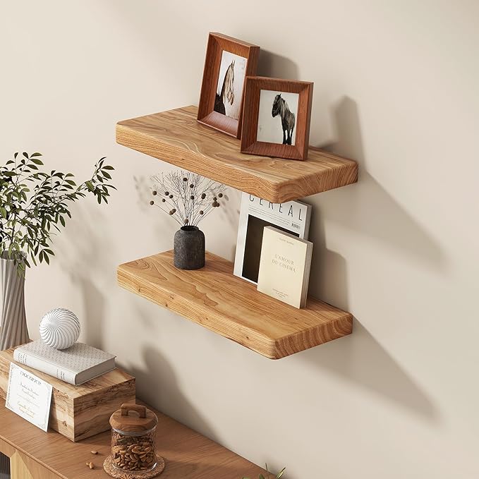 Fun Memories 18 Inch Floating Shelves for Wall, Solid Elm Wood Wall Shelf for Home Decor, Rustic Wooden Bathroom Shelves Set of 2, Heavy-Duty Hardwood Floating Shelf for Bedroom, Kitchen, Living Room