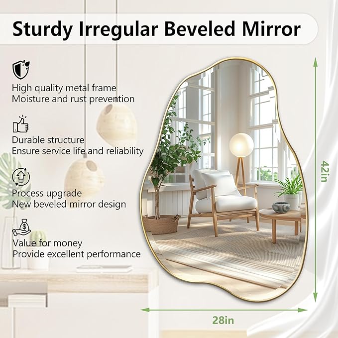 POZINO Irregular Beveled Mirror, 42"x28" Asymmetrical Vanity Wall Mirror with Gold Metal Frame, Organic Shape Mirrors for Entryway Bathroom Living Room Bedroom, Horizontal/Vertical Hanging