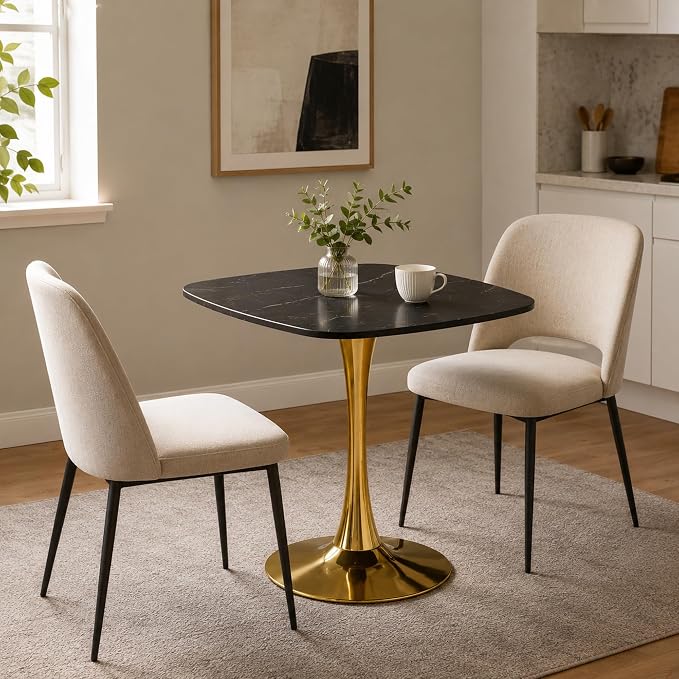 31.5" Square Dining Table for 2-4 People, Mid-Century Modern Kitchen Table with Black Marble-Look MDF Top and Gold Tulip Pedestal Base for Small Spaces, Apartment, Breakfast Nook