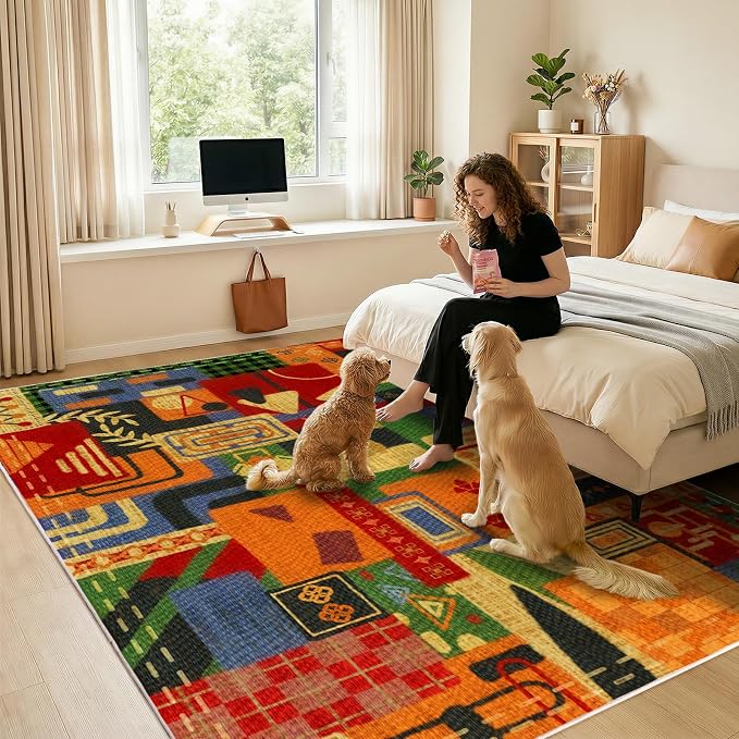 Washable 4x6 Vintage Patchwork Area Rug, Boho Tribal Geometric Colorful Rugs for Living Room, Non-Slip Low Pile Indoor Carpet, Vintage Rustic Rug for Dining Room Bedroom Office Entryway Decor
