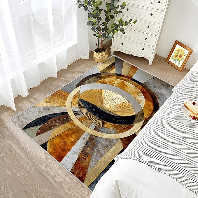 Geometric Rugs for Living Room - 5x6ft -Modern Luxury Abstract Art Rug for Bedroom Non Slip Low Pile Machine Washable Area Rugs, Geometric Carpets House Decor
