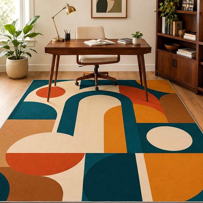 Mid Century Area Rug 3x4, Home Decor | Deep Teal Terracotta Arch Blocks, Retro Geometric Rug for Living Room, Bedroom, Home Office, Non Slip, Washable, Low Pile