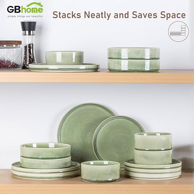 GBHOME 24-Piece Stoneware Dinnerware Set for 8 – Ribbed Ceramic Plates and Bowls, Scratch-Resistant, Microwave & Dishwasher Safe, Reactive Glaze, Light Green