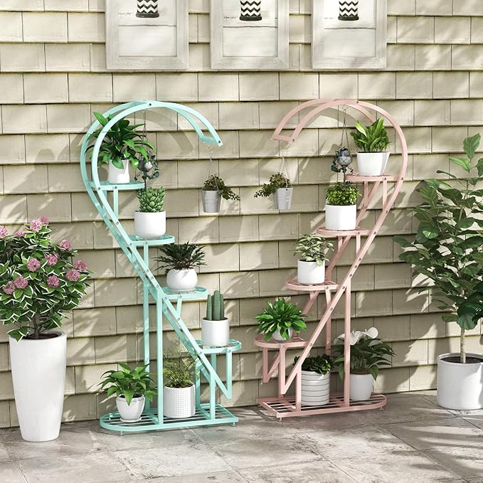 Giantex 5 Tier Metal Plant Stand Indoor, Creative Heart-shaped Ladder Plant Shelf with Hanging Hook for Multiple Plants, Tiered Flower Display Shelf, Tall Plant Stand for Valentine's Day Home Holiday