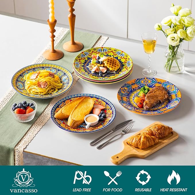 vancasso Colorful Dinner Plates Set of 6, 10.5 Inch Ceramic Kitchen Plates for Dinner, Bohemian Printed Dishes for Dining, Microwave & Dishwasher Safe Plate Set, Series KRVI