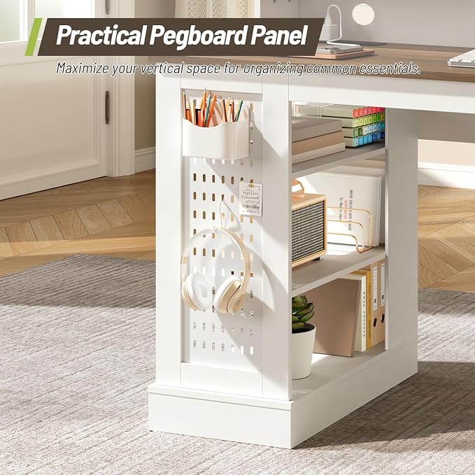 55-inch Farmhouse Executive Desk with 2 Drawers and File Cabinet, Computer Desk with 3-Tier Storage Shelves, Home Office Desk with Charging Station, Pegboard & Monitor Shelf, White and Walnut
