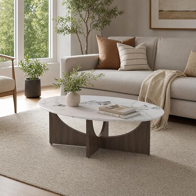 Honyee Oval Coffee Table 47 Inch for Living Room, White Marble-Look Center Table with Wood Base, Large White Oval Coffee Tables for Home Apartment Small Spaces