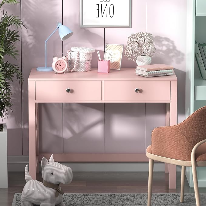 WiberWi Home Office Desk with Drawers, Modern Writing Computer Desk for Bedroom, Small Makeup Vanity Table Study Table for Home Office,Pink