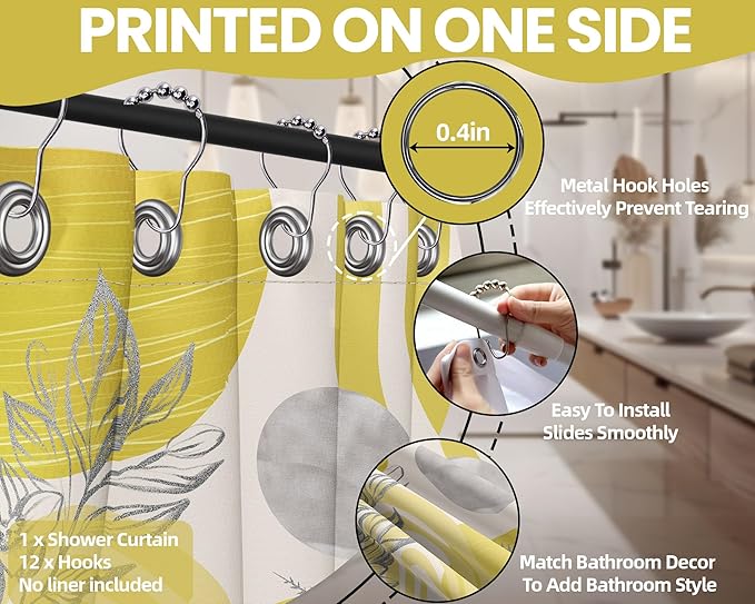Mustard Yellow Shower Curtain Boho Mid Century Light Yellow and Grey White Shower Curtains for Bathroom Decor, Waterproof Cloth Fabric with Hooks, 70" W x 72" L