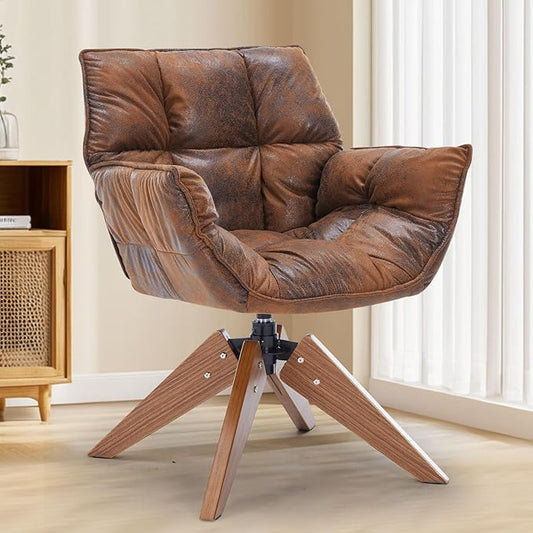 Mid Century Accent Chair, Hot Stamping Cloth Desk Chair no Wheel, Modern Cozy Vanity Chair Advanced & Wear-Resistant with Amrest, Wood Legs for Living Room, Reading Room, Bedroom (Brown)