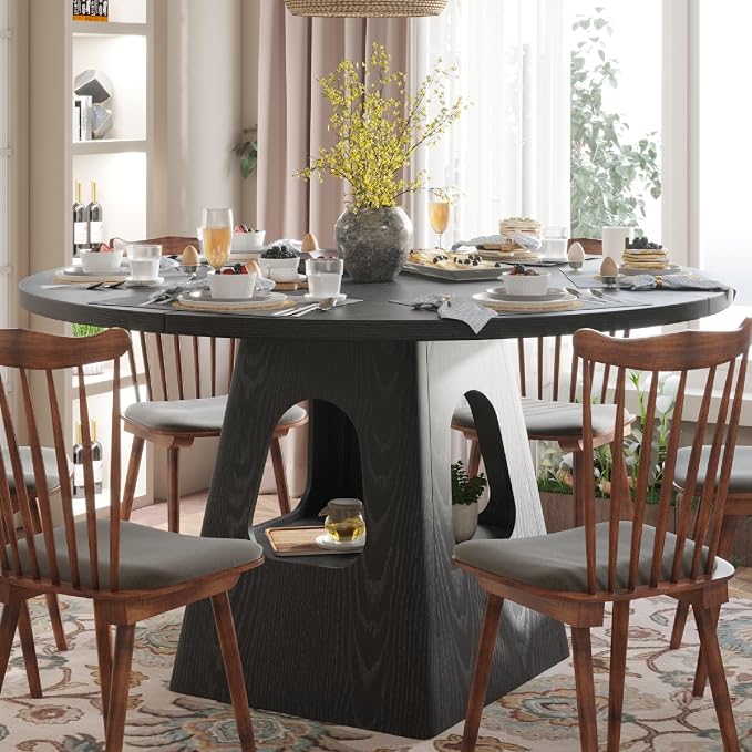 KEIKI 47" Round Dining Table for 4-6, Mid Century Modern Kitchen Table with Storage Base, Wooden Corner Dinner Desk for Living Room Breakfast Nook Restaurant, Easy Assembly, Black