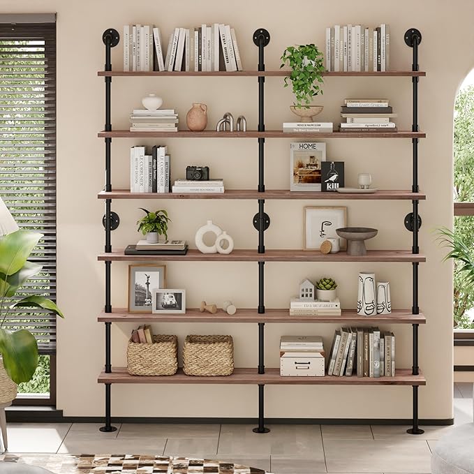 Industrial Ladder Shelf Bookcase, Wall Mounted Rustic Bookshelf, Retro Wood Metal Pipe Industrial Shelves for Living Room(Weathered Brown, 6 Tier - 10" D x 70" W x 82.5" H)