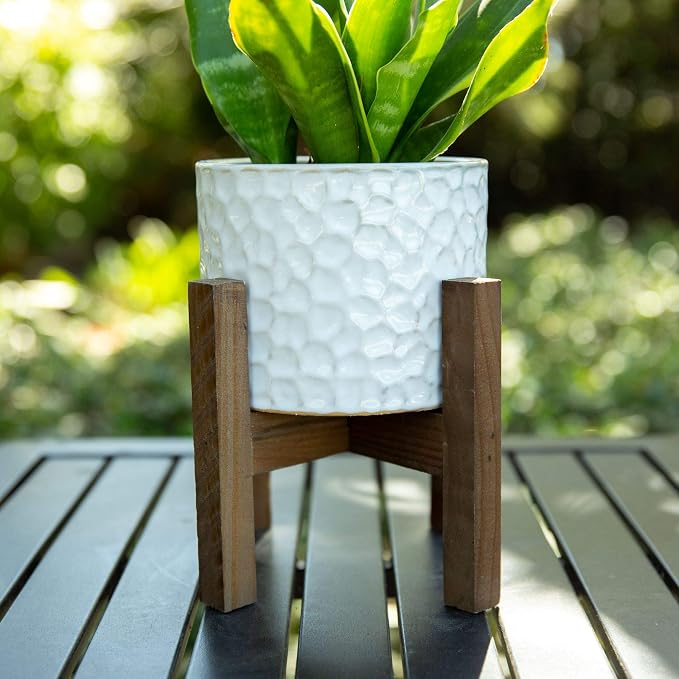 Flora Bunda 7.75" Tall 5.5 Inch Opening Beehive Ceramic Planter Pot on Wood Stand Mid Century, Ivory Cream Color Perfect for houseplants, Succulents, Cactus for Home Office Decorations