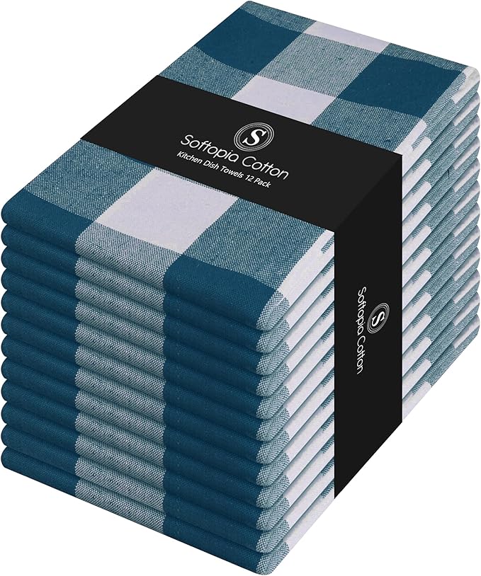 Teal Green Buffalo Check Kitchen Towels, 12 Pack, 100% Cotton, 16x26 Inches, Soft, Absorbent, Quick Dry, Dish Cloths, Bar & Restaurant Cleaning Towels with Hanging Loop, Teal White