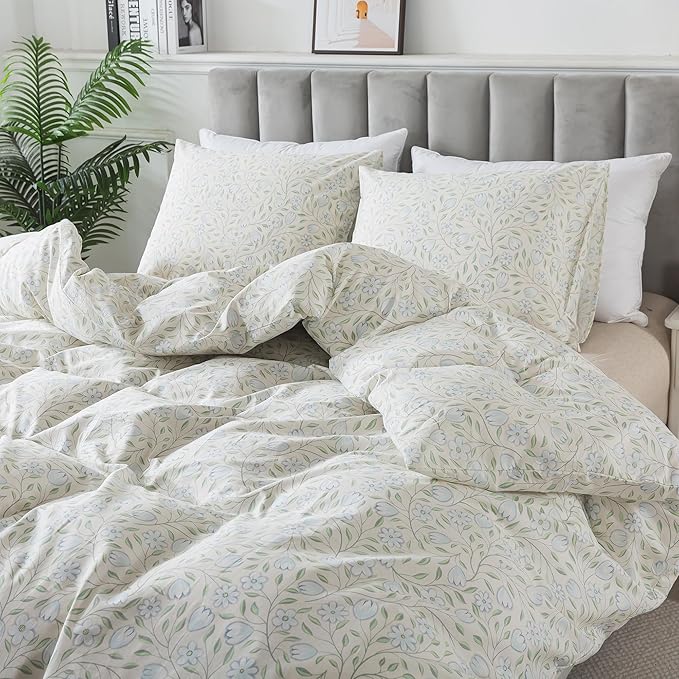 HoneiLife Floral Duvet Cover Queen - 100% Cotton Comforter Cover, Soft & Breathable Bedding Duvet Cover Sets with Zipper Closure & Corner Ties, 3-PC Wildflower Comforter Cover Sets, Early Summer