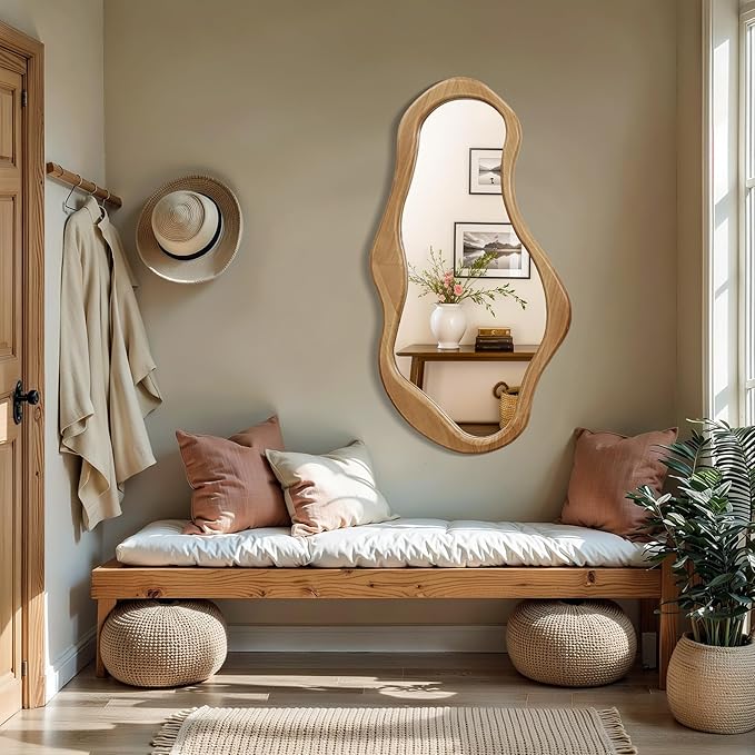 LuxenHome Asymmetrical Wall Mirror, 22"x 39" Natural Irregular Mirror for Wall Decor with Wood Frame, Wall Mirrors Decorative for Living Room, Bathroom, Bedroom, Dining Room, Entryway