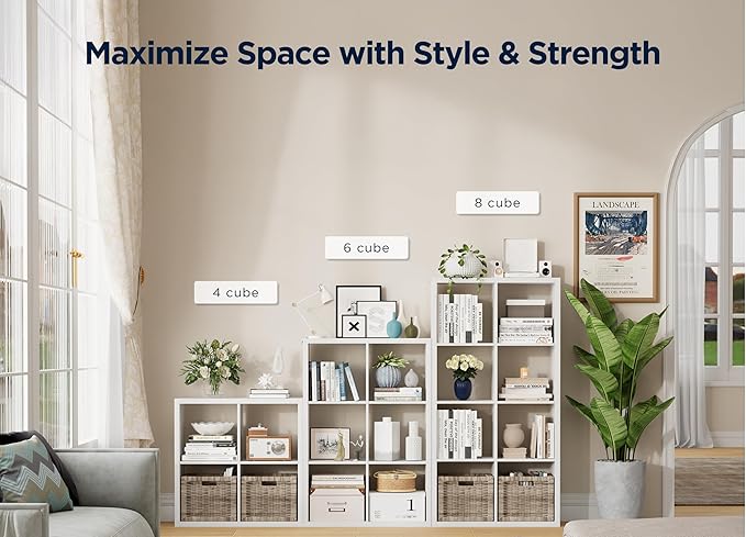 8 Cube Storage Organizer, Cube Shelf with Heavy-Duty Thick Boards, 25.12" L x 9.37" W x 48.74" H, Smooth Easy-Clean Panels, Simple Assembly, for Living Room Bedroom Office, White