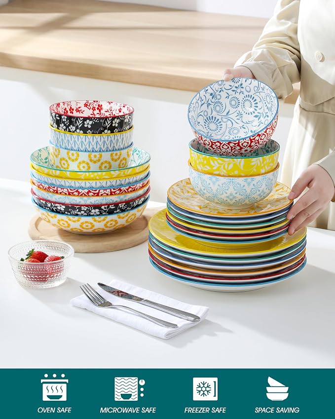 vancasso SELENE Plates and Bowls Set for 6, 24 Pieces Dinnerware Sets, Mircowave and Dishwasher Safe Dishes Set, Porcelain Pastel Dinnerware