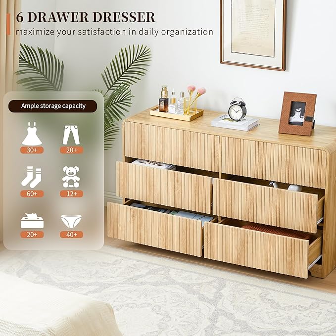 BERRYMERRY Fluted 6 Drawers Dresser for Bedroom, 53" Wide Chest of Drawer with Rounded Edge,Mid Century Modern Large Double Wood Dresser for Living Room Bedroom