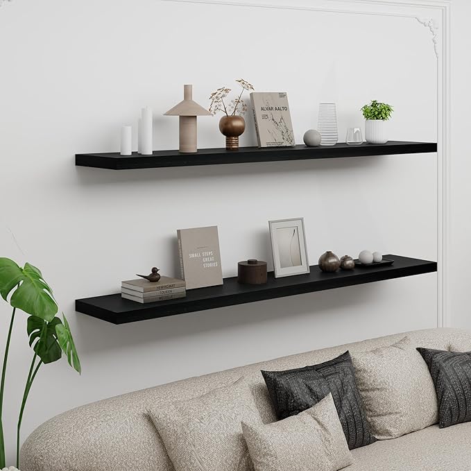 IAE Floating Wall Shelves 55 inch,Bathroom Shelving Wall Mounted,Invisible Shelving Floating Kitchen Shelves,Wooden Wall Shelf with Brackets for Living Room Wall Mounted,Easy Install,Set of 2,Black