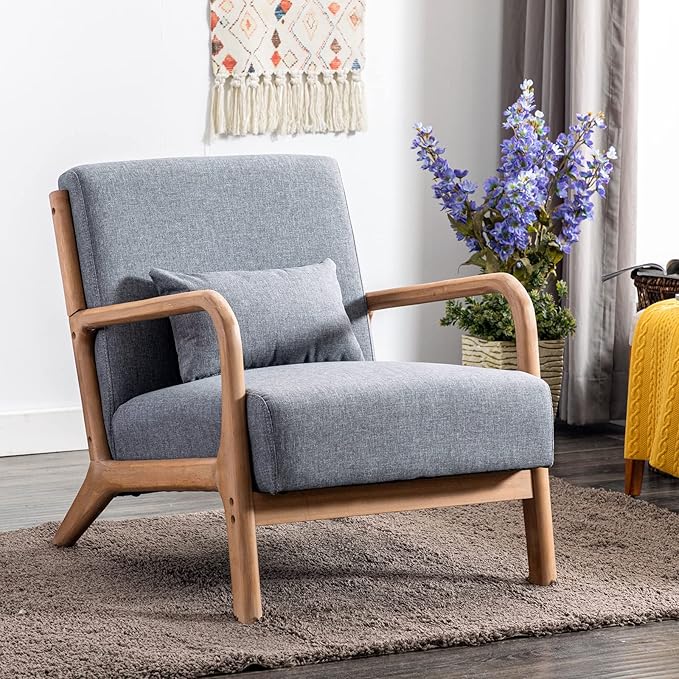 ANJ Mid Century Modern Accent Chair, Single Fabric Lounge Reading Armchair with Solid Wood Frame, Easy Assembly Arm Chairs for Living Room, Grey