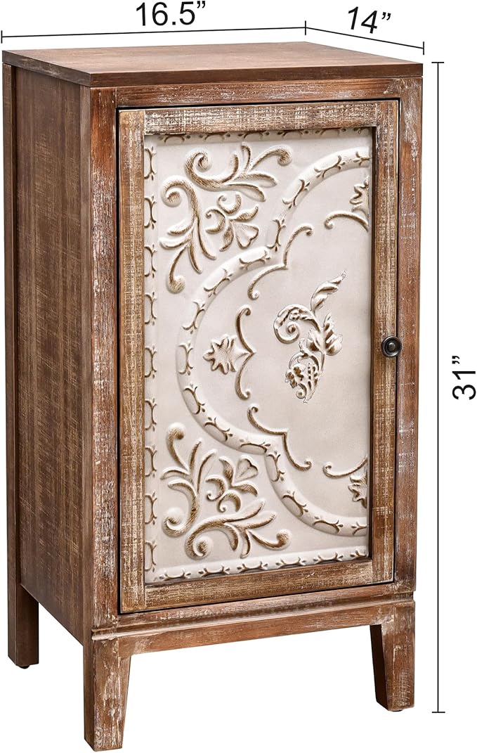 eHemco Vintage Florentine End Table with Floral Door Panel, 16.5 x 14 x 31 Inches, Indoor Storage Cabinet, Natural and Cream Finish