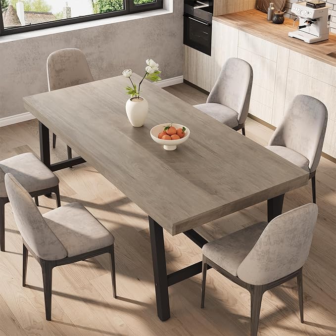 GarveeHome Industrial Dining Table for 6-8 People, 70.87" Long Wooden Kitchen Table with Sturdy Metal Frame & Grey Finish, Seats 6 Rectangular Counter for Dinner, Kitchen, Dining Room - Grey