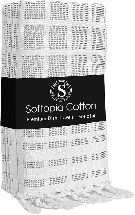 Matrix Dobby Kitchen Dish Towels Set of 4, 100% Cotton, 16x26 Inches, Reusable Dishcloths with Handmade Knotted Tassels, Absorbent, Washable Towels for Cleaning - Dark Gray, White