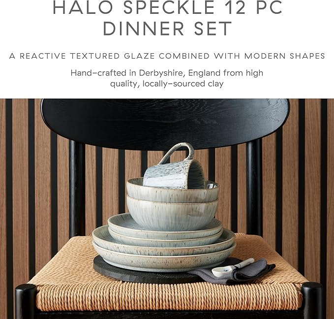 Denby - Halo Speckle Dinner Set For 4-12 Piece Reactive Glaze Ceramic Stoneware Grey, Neutral, Blue Tableware Set - Dishwasher Microwave Oven Safe - Scratch Chip Resistant
