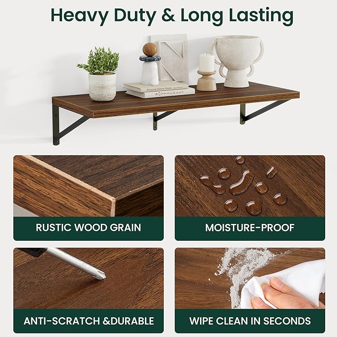 Floating Shelves, 12 Inch Deep Rustic Wood Wall Storage, 16W x 12D Wall Shelves Set of 2, Heavy Duty Metal Brackets, Large Industrial Book Shelf for Living Room, Kitchen, Bedroom, Walnut