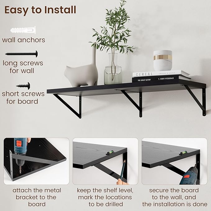 Axeman Floating Shelves for Wall Black- 36 Inch Wide x 12 Inch Deep Wall Shelves Set of 2 - Black Deep Wood Floating Shelves for Living Room Bedroom Laundry Room
