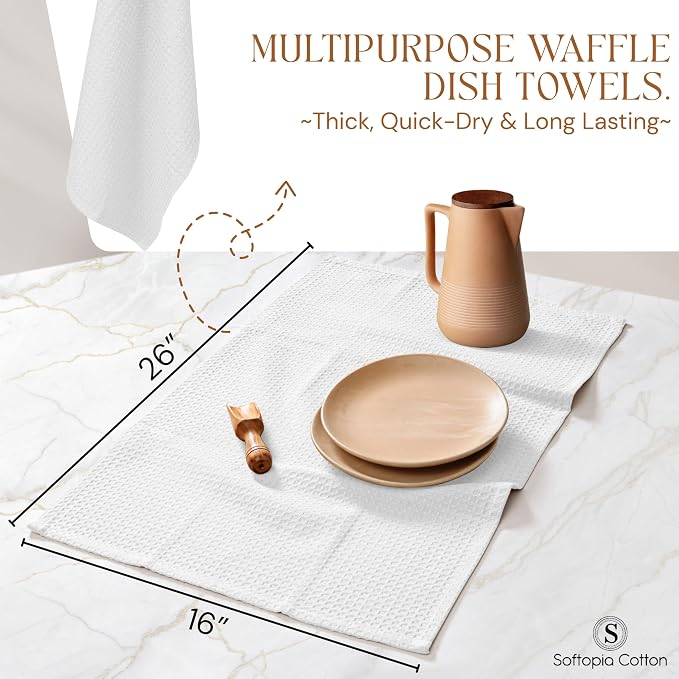 White Waffle Kitchen Dish Towels 100% Cotton, Soft, Absorbent, Quick Drying, Multipurpose Use, Bar & Hand Towels, 16x26 Inches, Durable, Machine Washable, Reusable, Set of 12