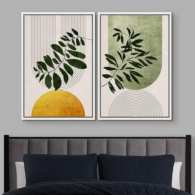 IDEA4WALL Framed Canvas Print Wall Art Set Mid-Century Geometric Forest Plant Leaf Nature Wilderness Illustrations Modern Art Rustic Decorative for Living Room, Bedroom, Office - 24"x36"x2 White