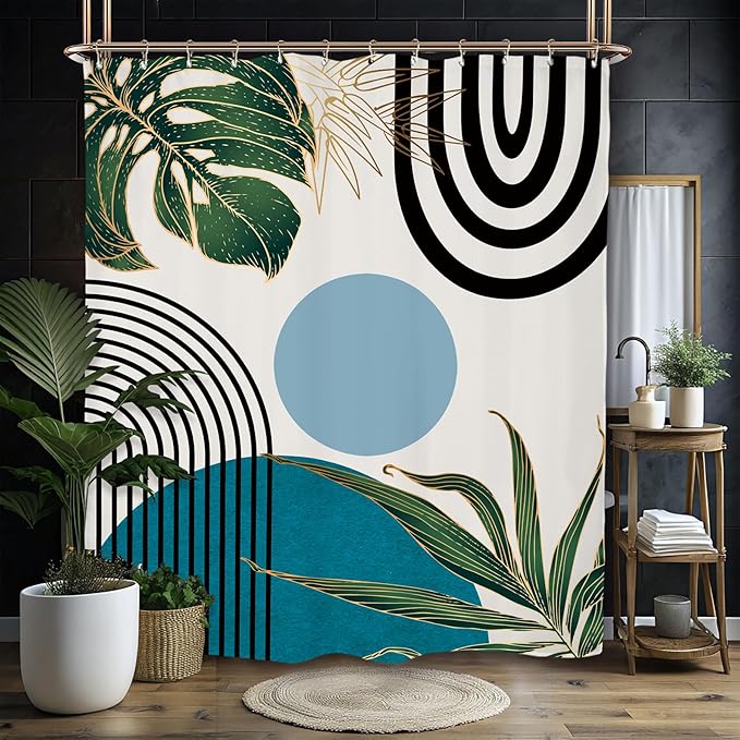 Miyotaa Abstract Teal Blue Shower Curtain Set 60Wx71H Inches Minimalist Aesthetic Modern Contemporary Geometric Plant Polyester Waterproof Cloth Bathroom Curtain with 12 Hooks