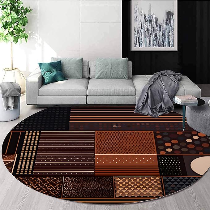 Mid-Century Modern Round Rug 3.3 ft - Geometric Abstract Design - Earthy Tones - Durable Non-Slip - Washable Carpet for Living Room, Bedroom，Farmhouse, Entrance