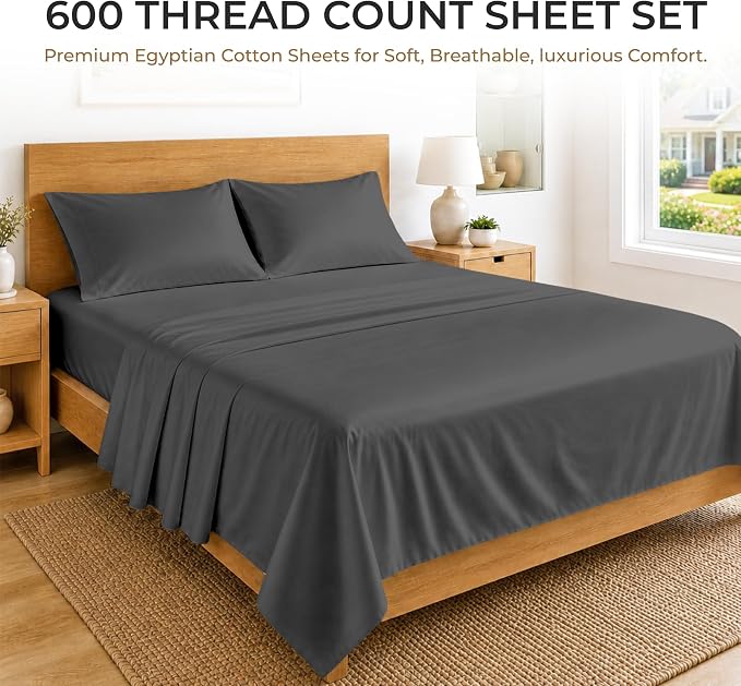 SGI bedding 100% Egyptian Cotton Sheets Twin Size – 600 Thread Count Sheets Set, Soft, Cooling, 15" Deep Pocket, Luxury Hotel Bedding, Breathable, Durable - Dark Gray