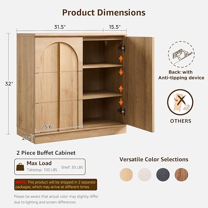 ACCOHOHO Buffet Cabinet with Storage & Arched Doors, 31.5 Inch Wood Sideboard W/Adjustable Shelf, Modern Coffee Bar Tables Accent Cabinets for Living Room,Kitchen or Entryway (Natural Oak, 2 Piece)