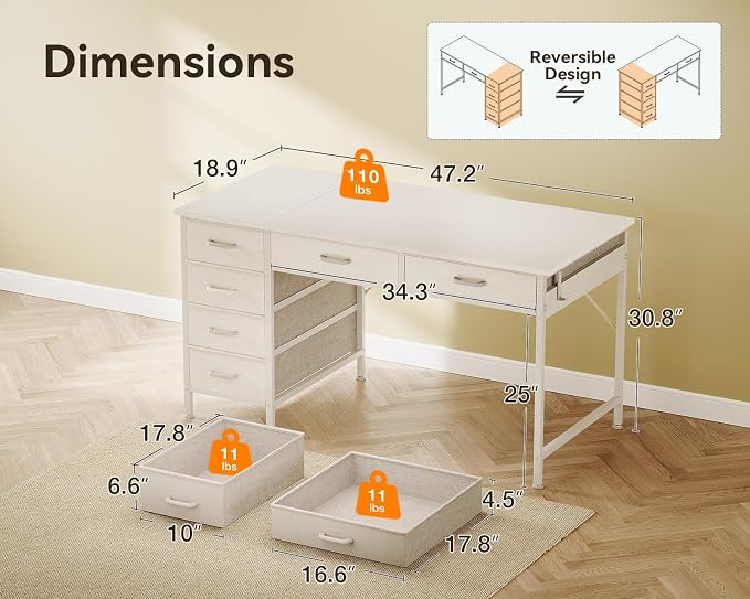 ODK Computer Desk with 6 Drawers, 48 Inch Office Desk with Storage, Reversible Desk with Headphone Hook for Home Office, Work Study Table Vanity for Bedroom, White