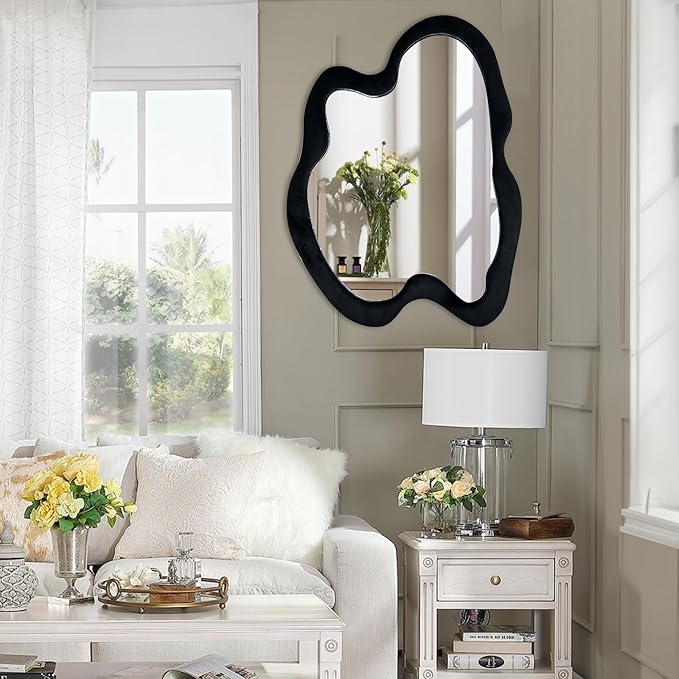 Irregular Wall Mirror Asymmetrical Mirror, Black Wavy Mirror with Flannel Frame, Decorative Wall Mirror for Bedroom, Livingroom, Entryway, 28"x 36"