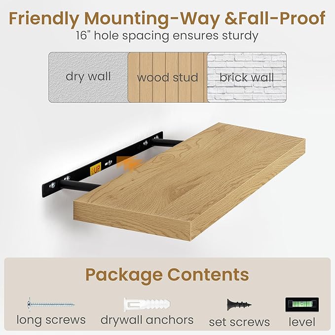 55"W x 9.3"D Floating Shelves for Wall, Wall Mounted Bathroom Shelves 1 Pack Deep Floating Shelf for Bedroom Kitchen Living Room, Rustic Wooden Wall Shelf with Invisible Bracket for Books Decor
