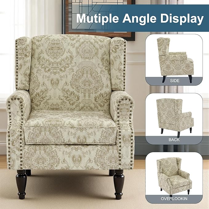 Wingback Chairs Set of 2, High Back Floral Accent Chair in Fabric, Comfy Upholstered Armchair with Nailhead Trim for Living Room, Single Sofa Reading Chair for Small Spaces, Bedroom-White