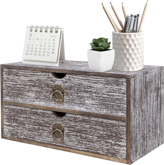 Wood Desk Organizer, Washed Brown Wooden Desktop Organizer with Drawer, Tabletop Storage Organization Box for Countertop, Home Office Supplies, Bills, 13.3 x 6.5 x 7 Inches(2 Drawer)