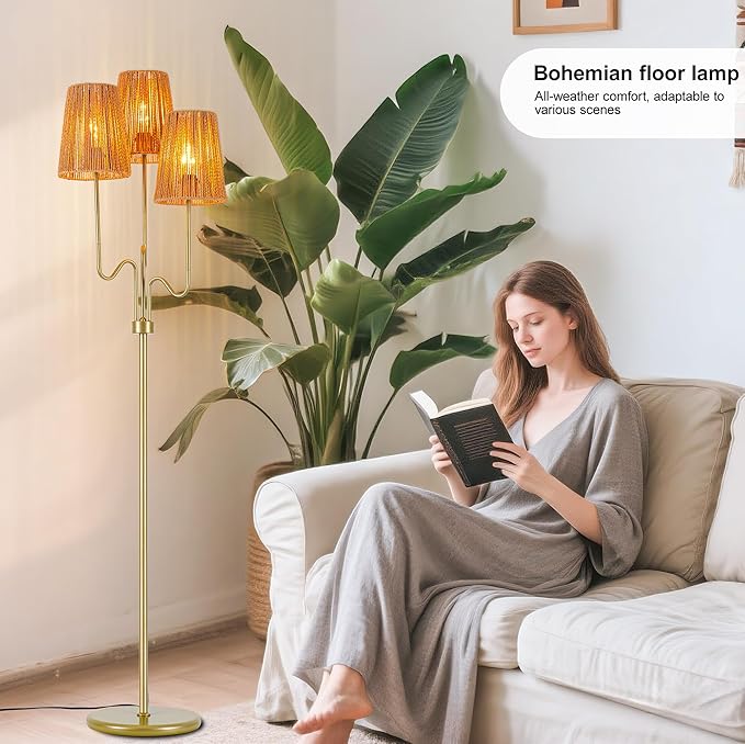 MAYNA Bohemian Floor Lamp, 68 in. Rattan Floor Lamp with Rattan Shade, 3-Light Tree-Shaped Stand Lamp for Bedroom, Nursery, E26 Socket, Living Room(Gold)