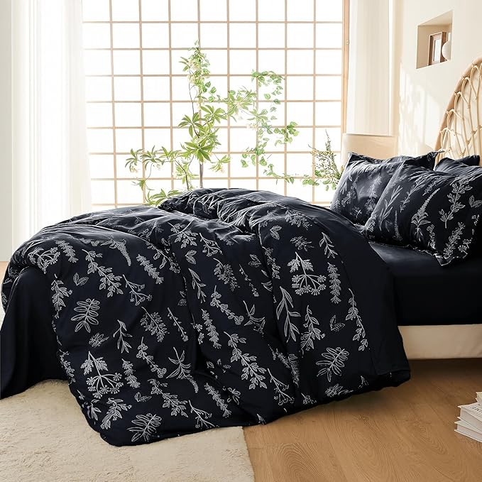 MUXHOMO Duvet Cover Full Size, Reversible Floral Black Duvet Cover Set with Zipper Closure, 3 Pieces Botanical Patterns Soft Microfiber Bedding Set with 4 Ties (80"x90", 2 Pillow Cases)