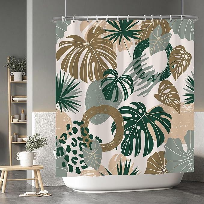 Baocicoo Bohemian Monstera Leaves Boho Floral Shower Curtain Decorative for Bathroom Cubicle Bathtub Waterproof Fabric Vacation Style with Hooks 72x78 Inches
